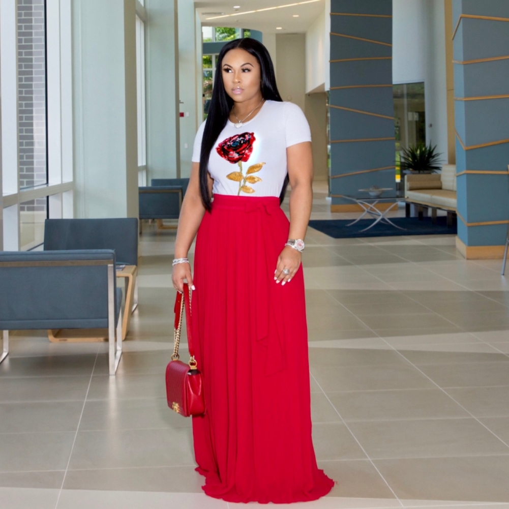 Rose Sequins White O Neck Summer Shirt