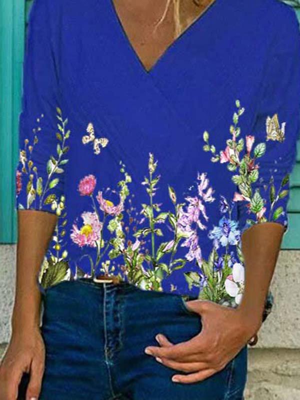 Floral-print V Neck Long Sleeve Shirts & Tops