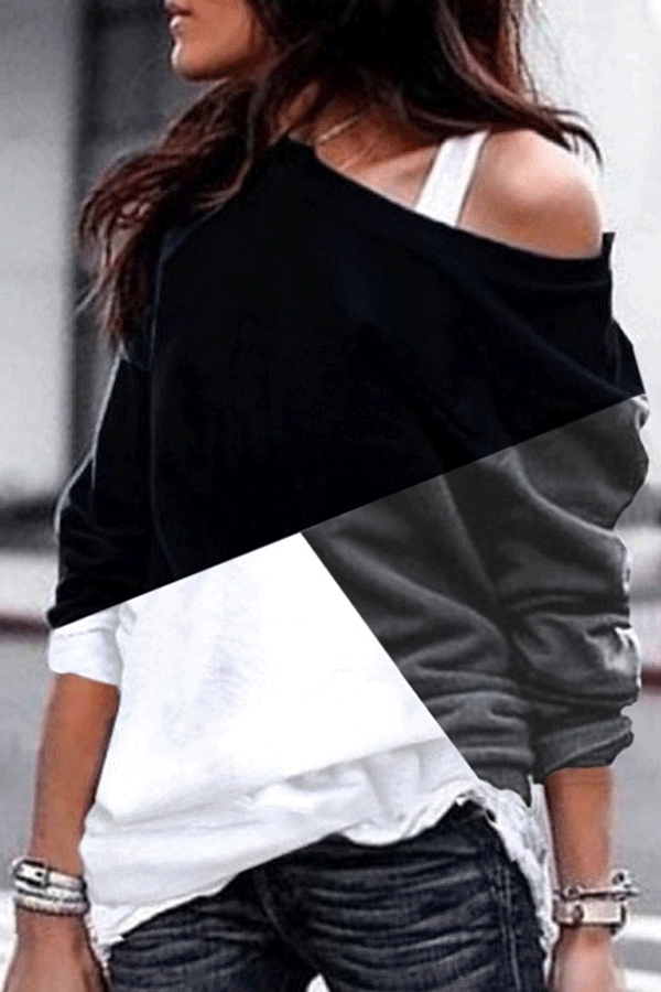 Casual Off-the-shoulder collar Pacthwork Color matching Sweater