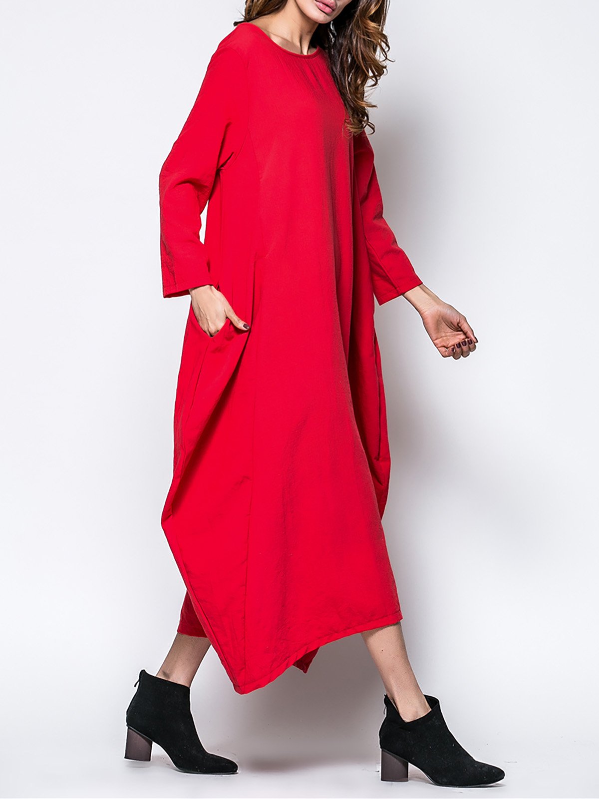 Crew Neck Women Fall Dress Cocoon Daily Paneled Solid Dress