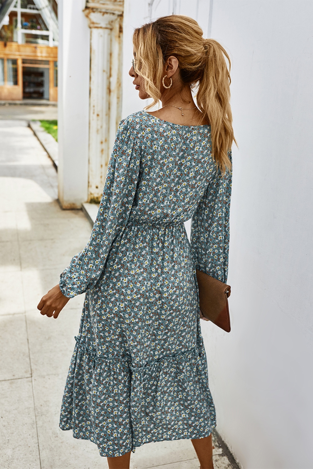 Fall Long Sleeve Square Floral Long Dress