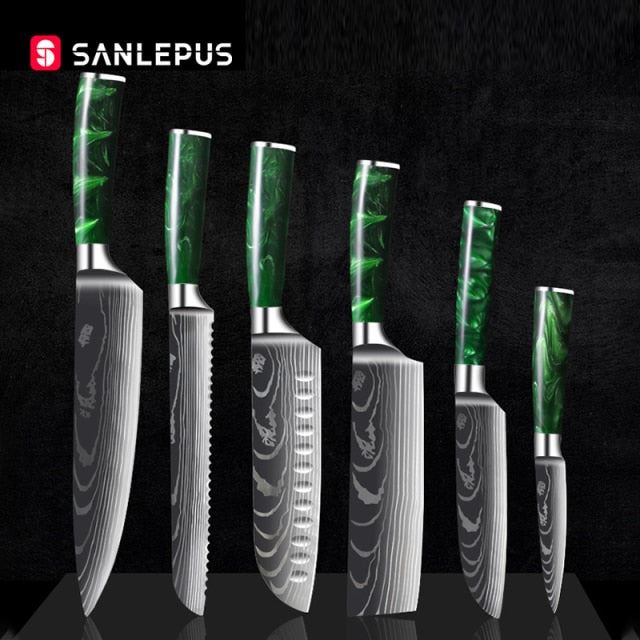 1-10 Pcs Chef Knife Set Kitchen Knives Laser Damascus Pattern Sharp Japanese Santoku Knife