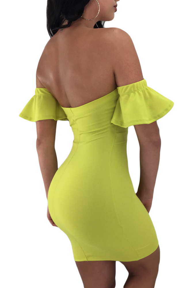 Lime Flared Short Sleeves Tie Front Bodycon Dress