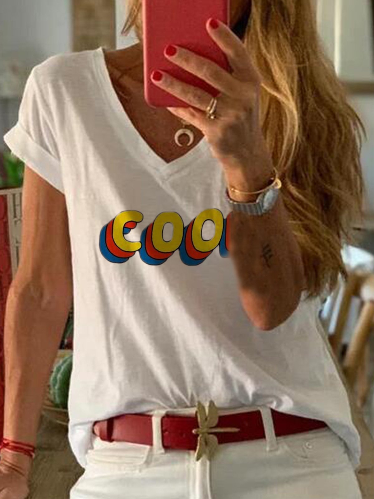 White Printed V Neck Casual Cotton-Blend Shirts & Tops