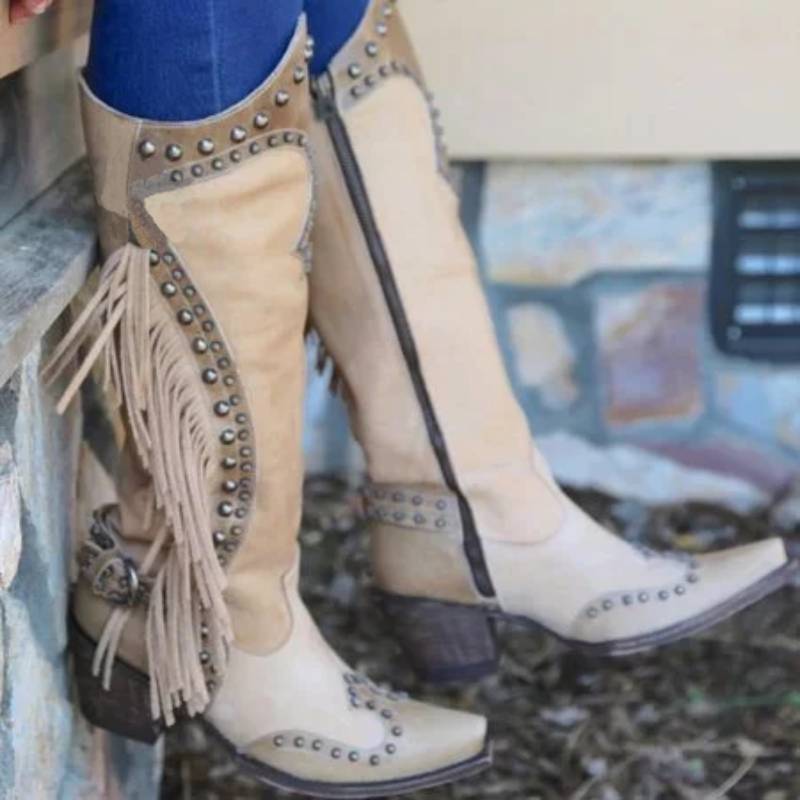 Women Vintage Tassel Western Boots with Zipper