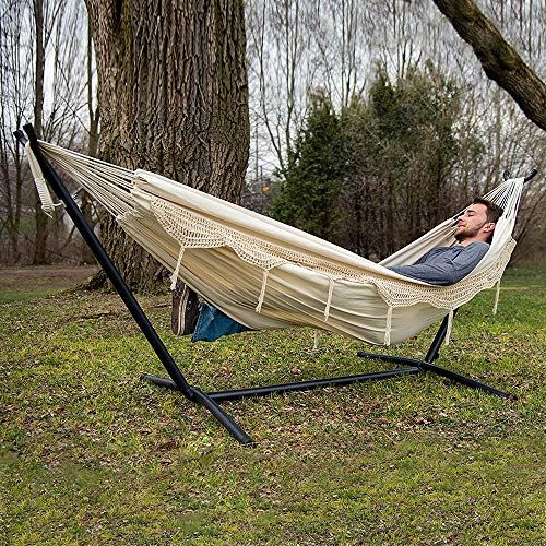 Vivere Double Hammock with Space Saving Steel Stand, Natural (450 lb Capacity – Premium Carry Bag Included)