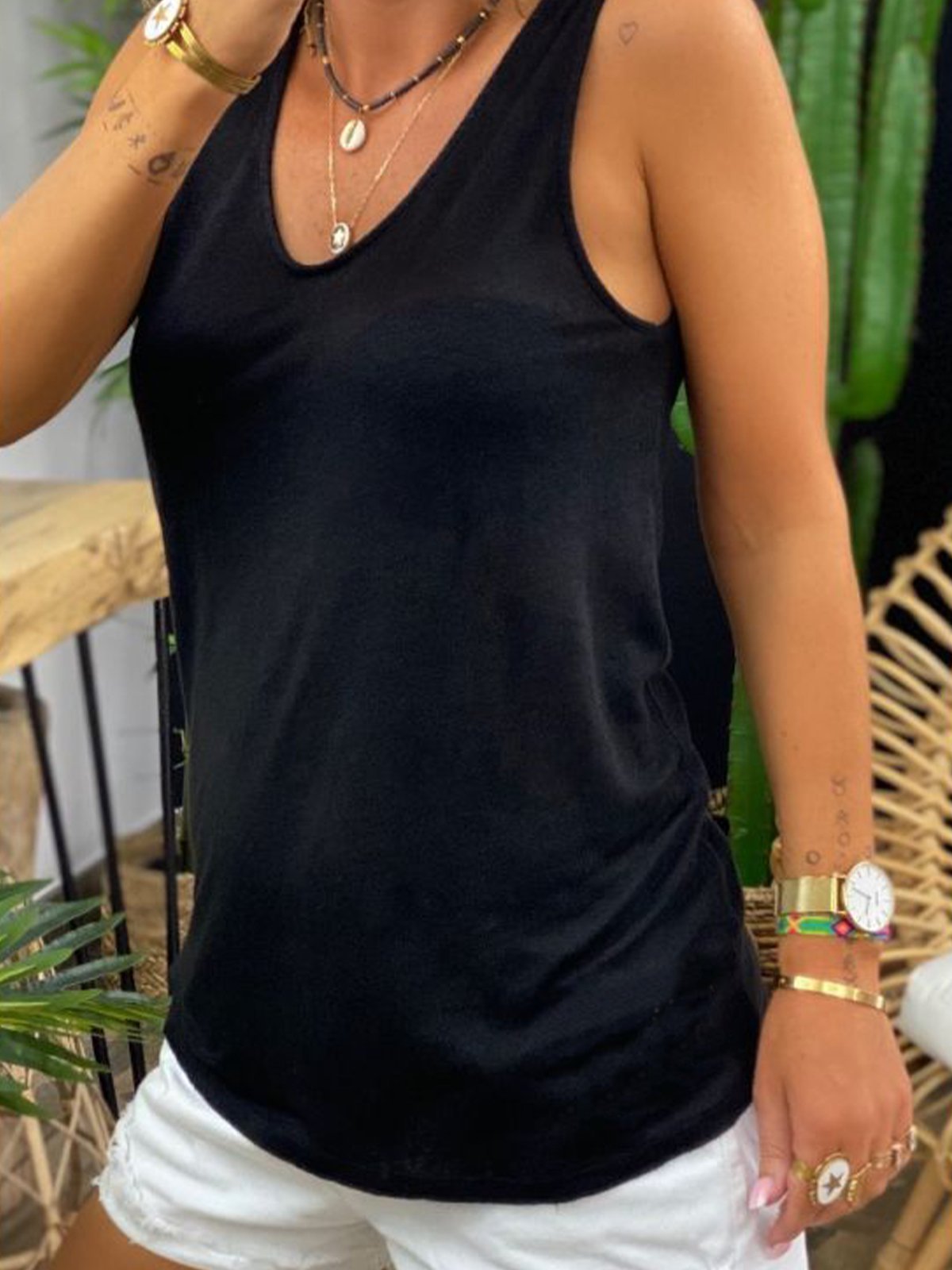 Black V Neck Basic Jersey Shirts & Tops