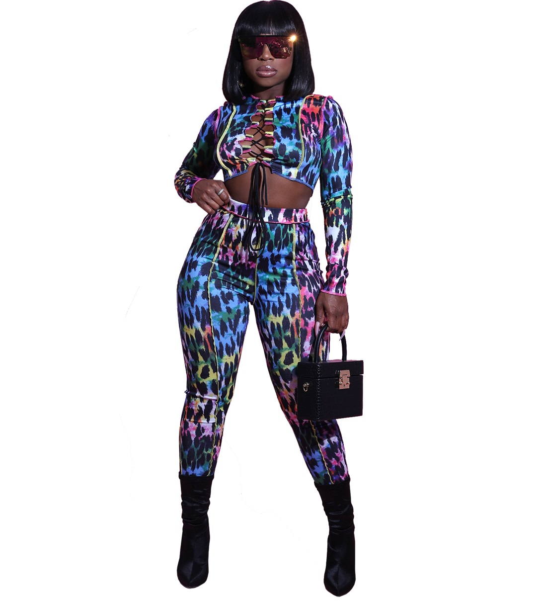 Autumn Party Lace Up Colorful Print Crop Top and Pants Set