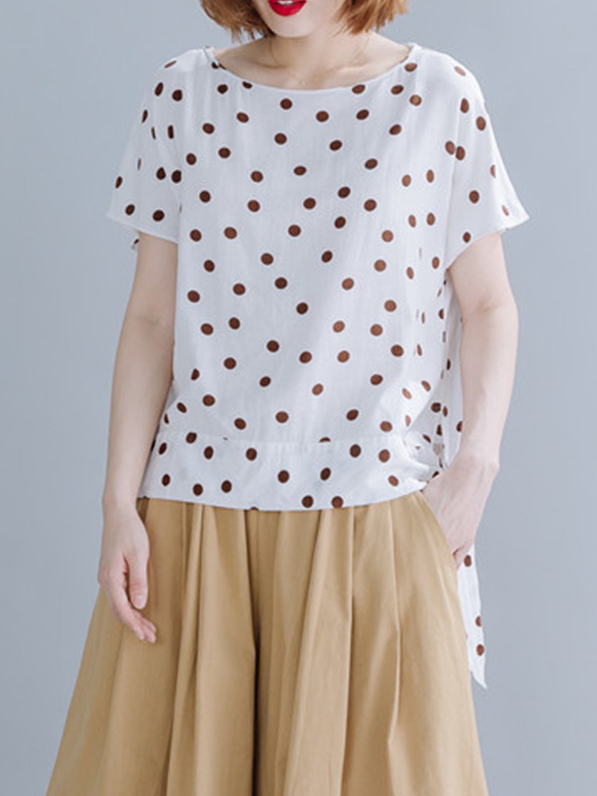 Women Short Sleeve Round Neck Vintage Polka Dots Floral Casual Tops