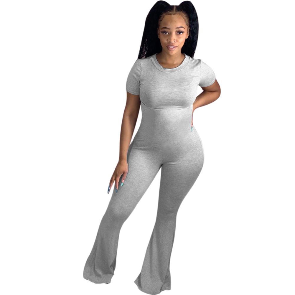 Solid Color Bell Bottom Jumpsuit with Short Sleeves