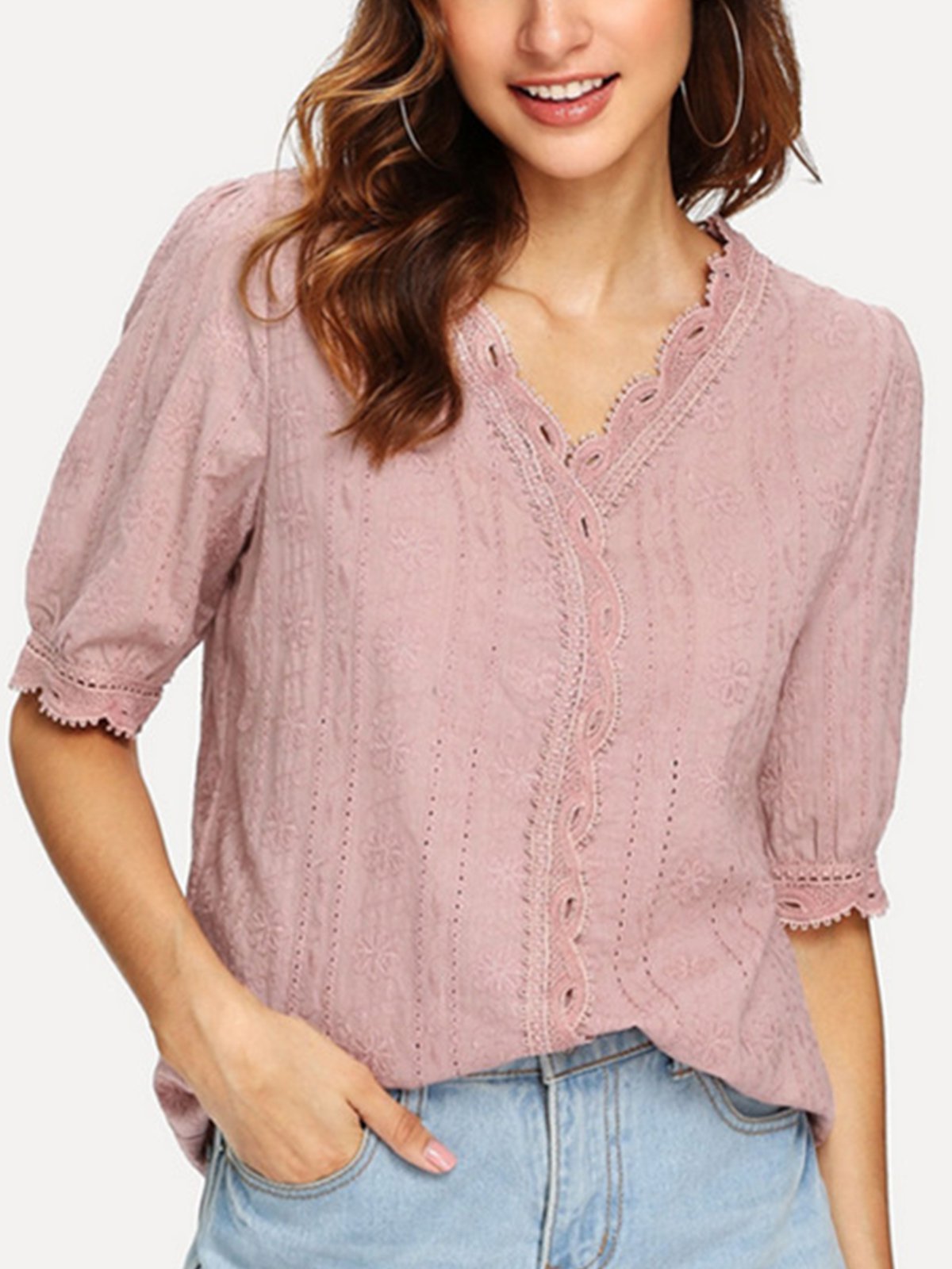 V Neck Half Sleeve Embroidered Shirts & Tops