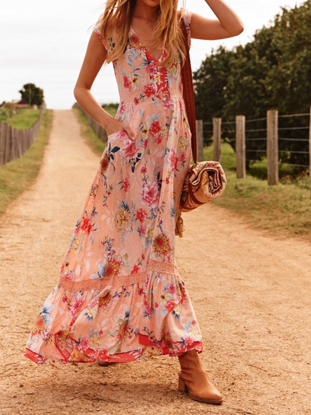 Women Floral Dress V-Neck Holiday Dresses