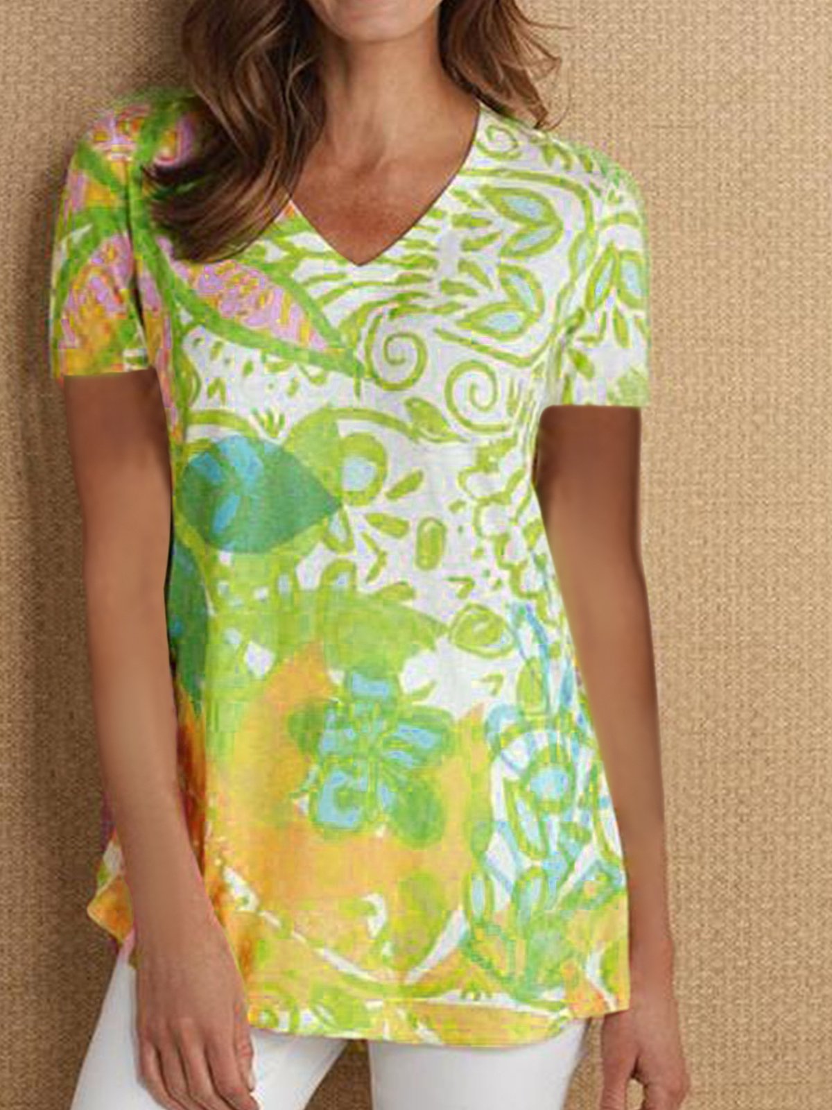 V Neck Short Sleeve Vintage Printed Shirts & Tops