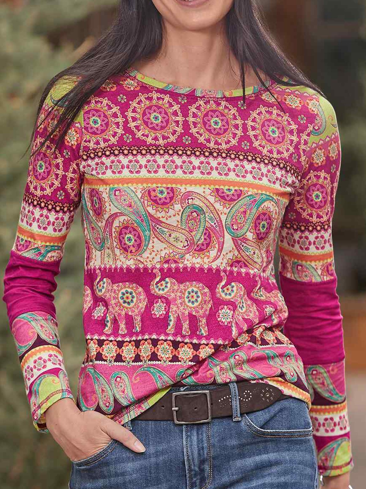 Cotton-Blend Printed Floral Long Sleeve Shirts & Tops