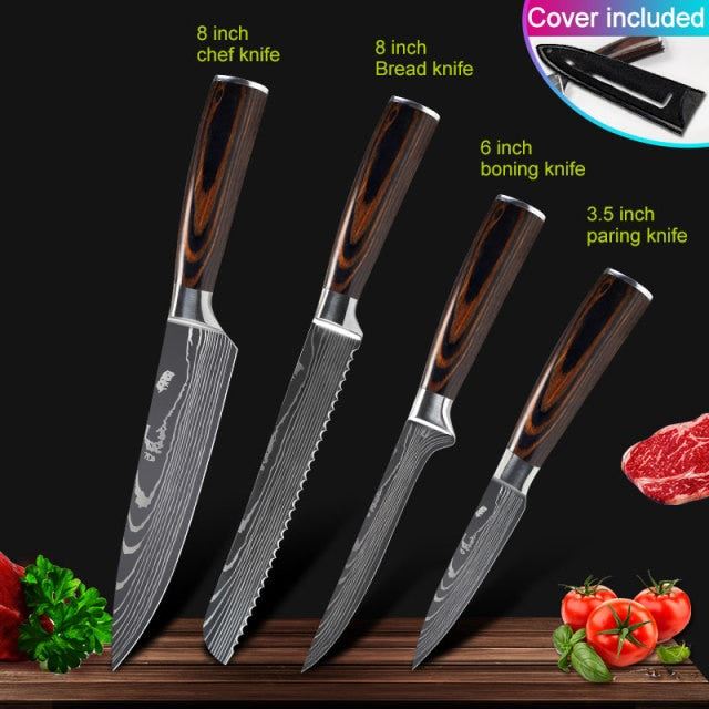 Kitchen knives Set Professional Chef Knives Stainless Steel Imitation Damascus Pattern Santoku Cleaver Slicing Utility Knives