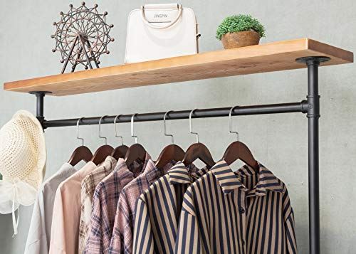 Industrial Pipe Clothing Rack on Wheels with Wood Shelves/Two Tiers