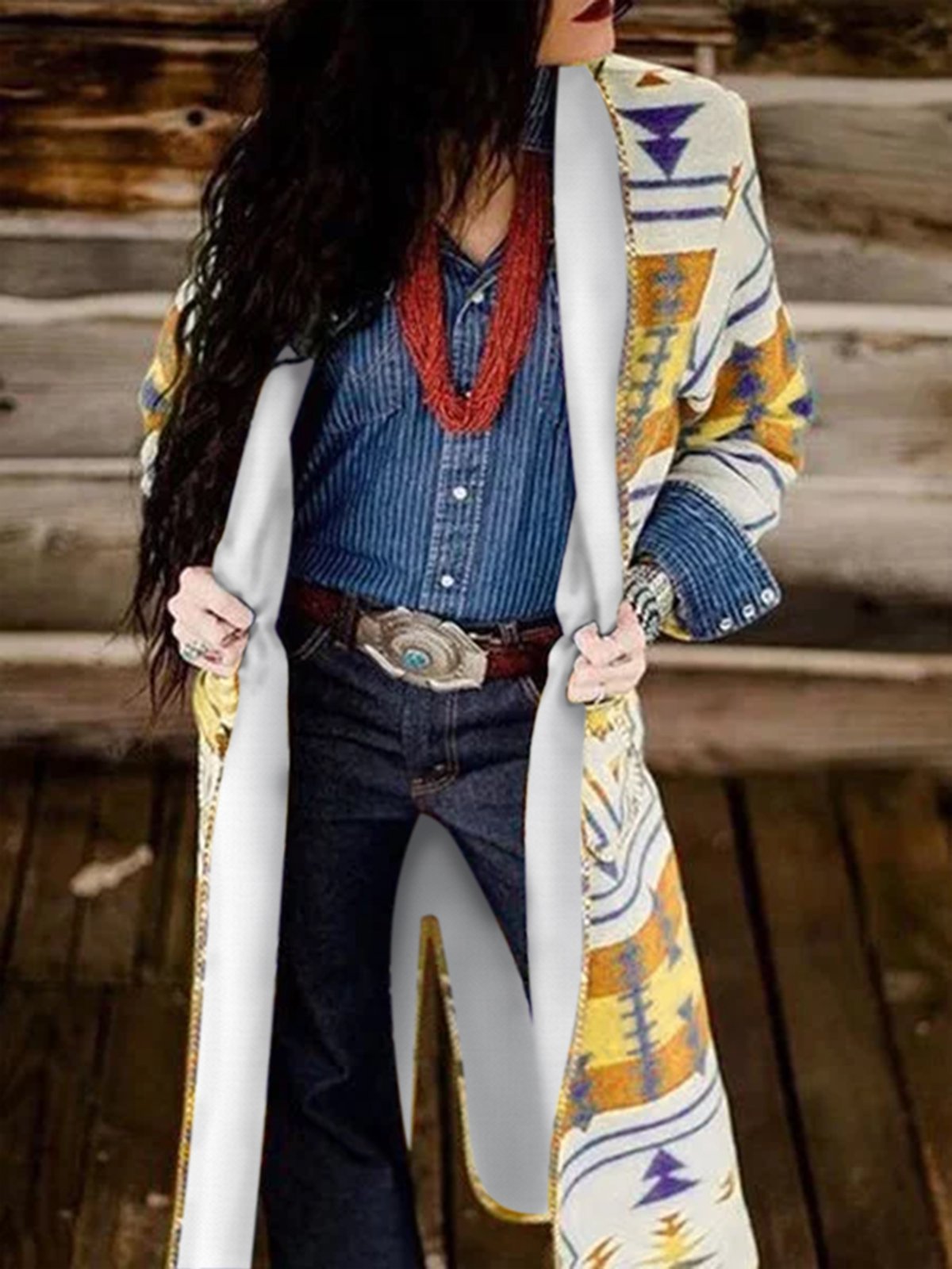 Tribal Printed Shawl Collar Cardigan