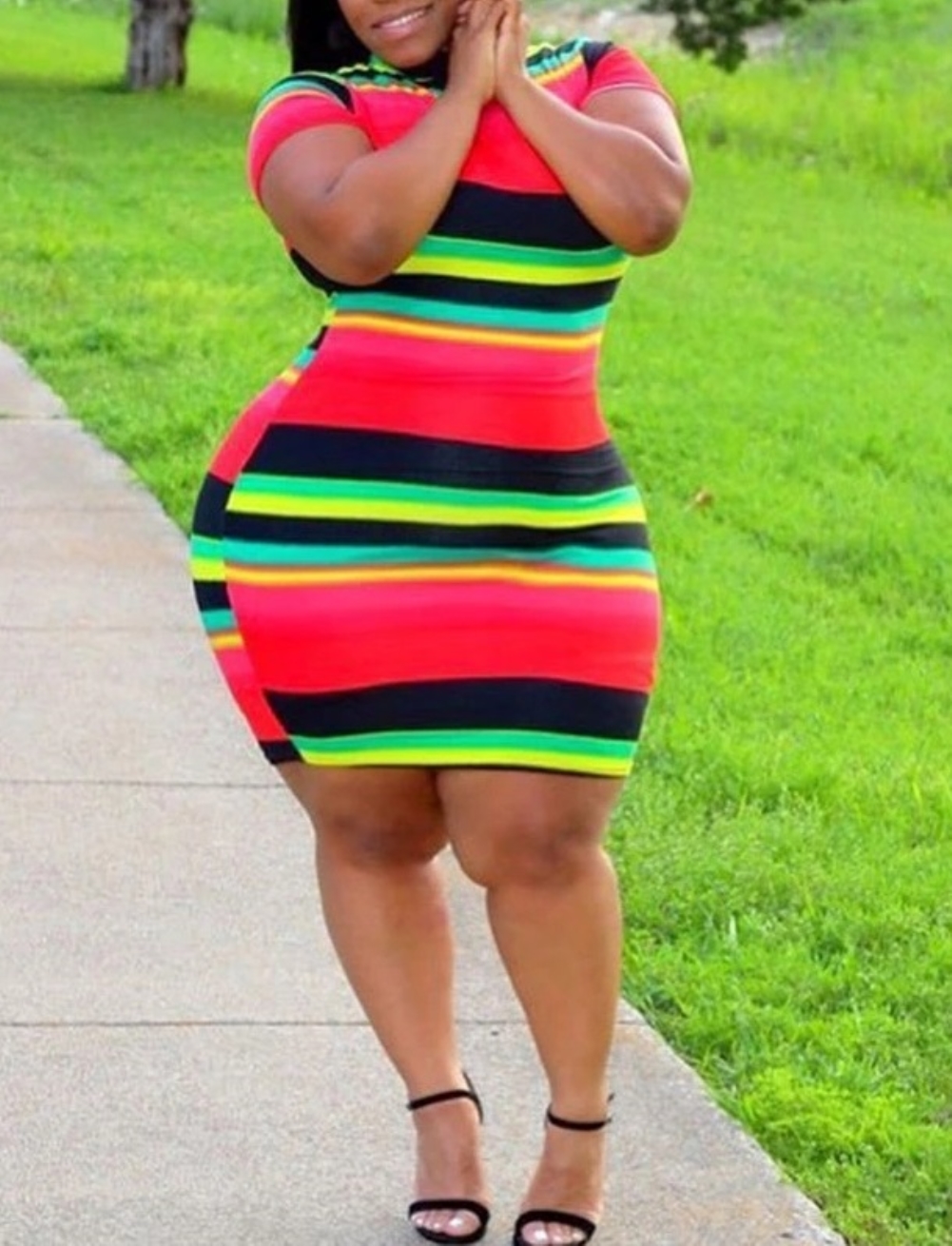 Plus Size Summer Colorful Striped Bodycon Dress