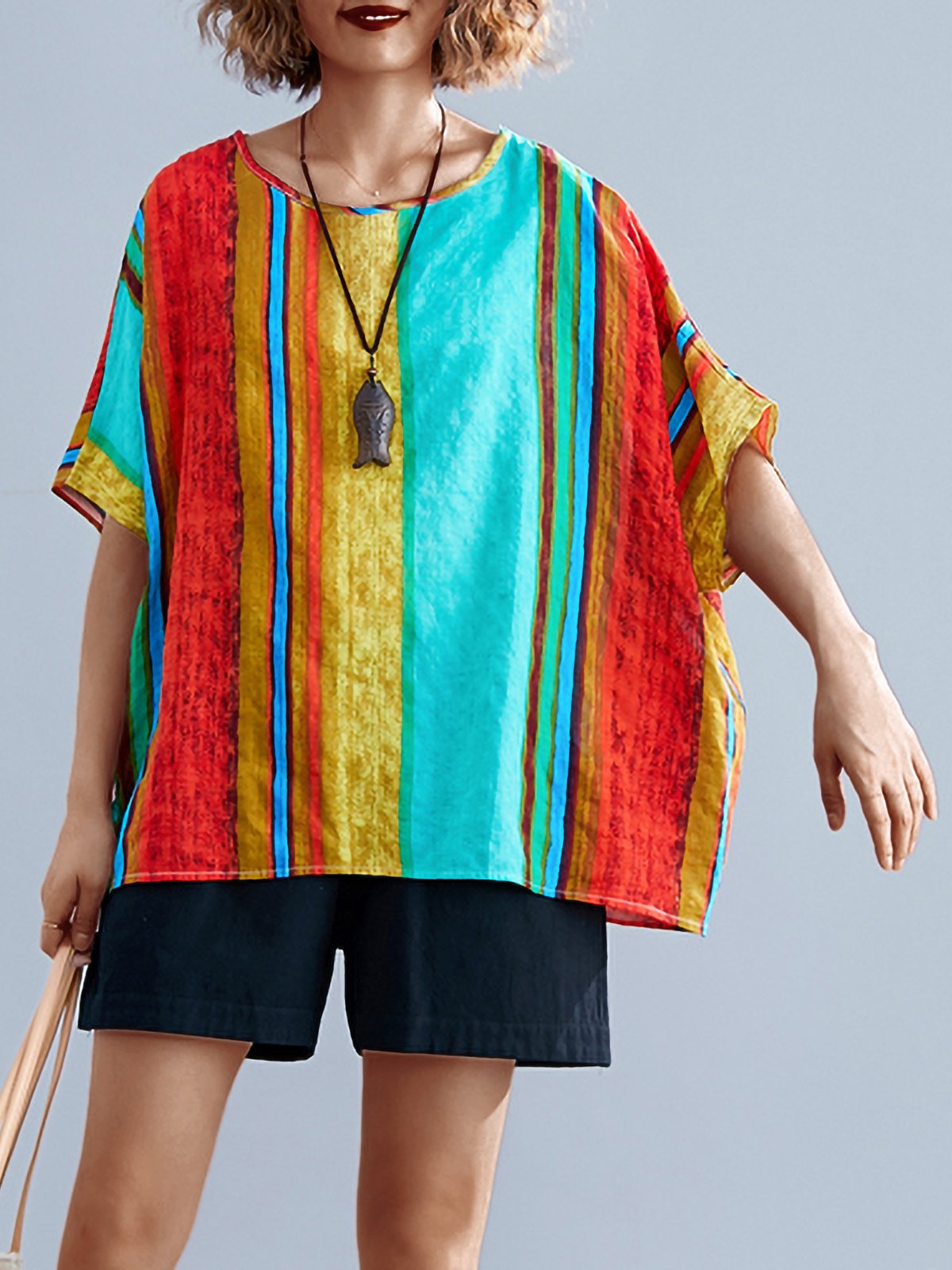 Plus Size Women Short Sleeve Round Neck Vintage Striped Floral Casual Tops