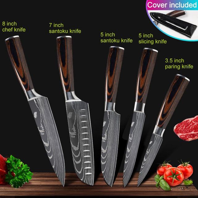 Kitchen knives Set Professional Chef Knives Stainless Steel Imitation Damascus Pattern Santoku Cleaver Slicing Utility Knives