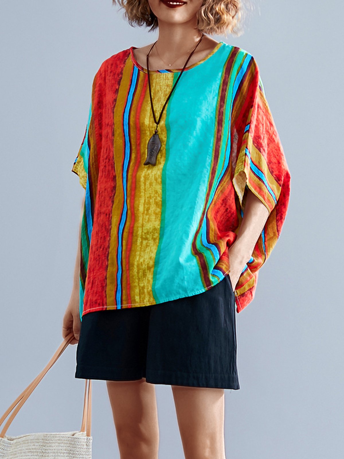 Plus Size Women Short Sleeve Round Neck Vintage Striped Floral Casual Tops