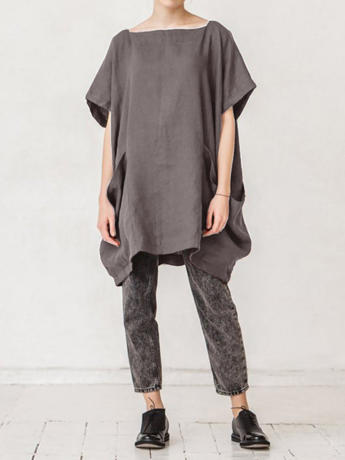 Square Neck Solid Pockets Shirts