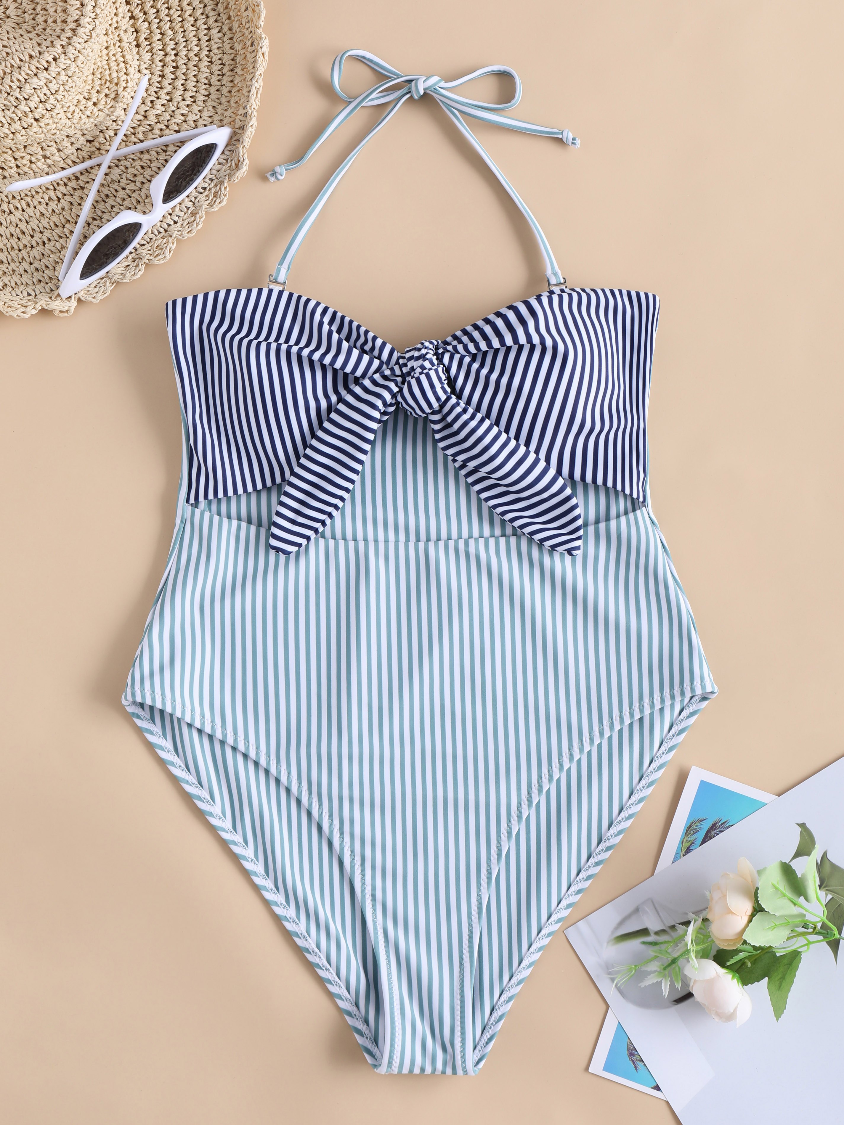 Striped Front Knot Cutout One-Piece Swimwear