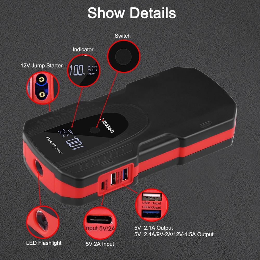 Car Starter Auto Power Bank Jump Starter 1000A Car Buster 12V Vehicle Emergency Battery Auto Booster Battery Powerful LED Light