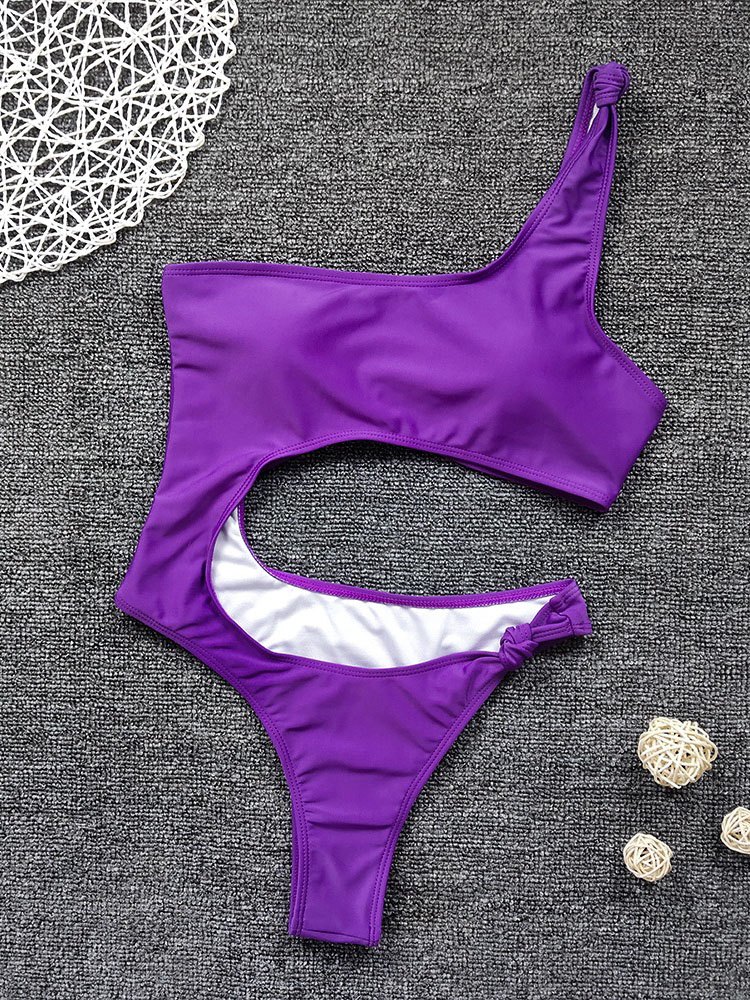 Solid One Shoulder One-Piece Swimwear