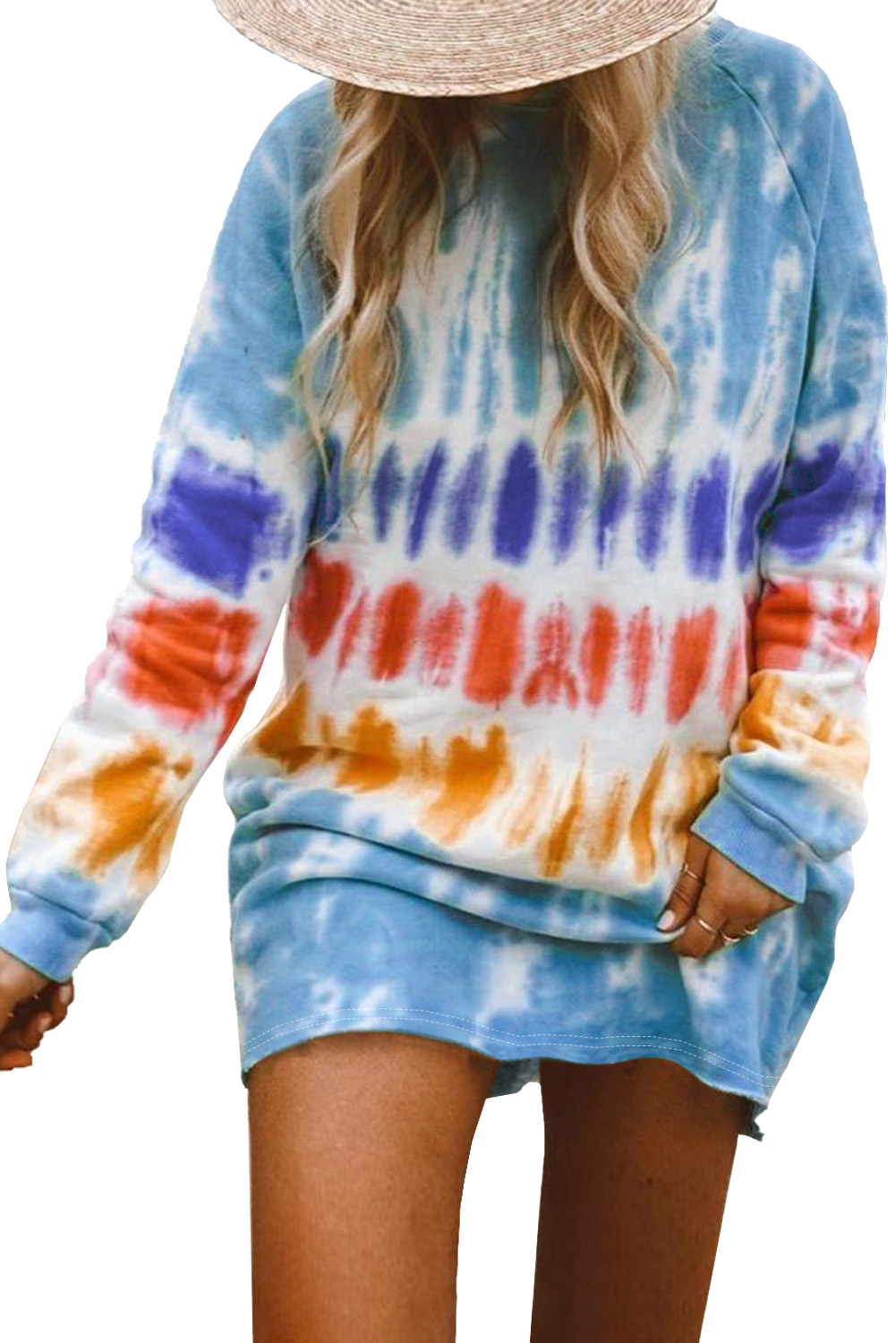 蓝色扎染长袖卫衣式舒适休闲连衣裙