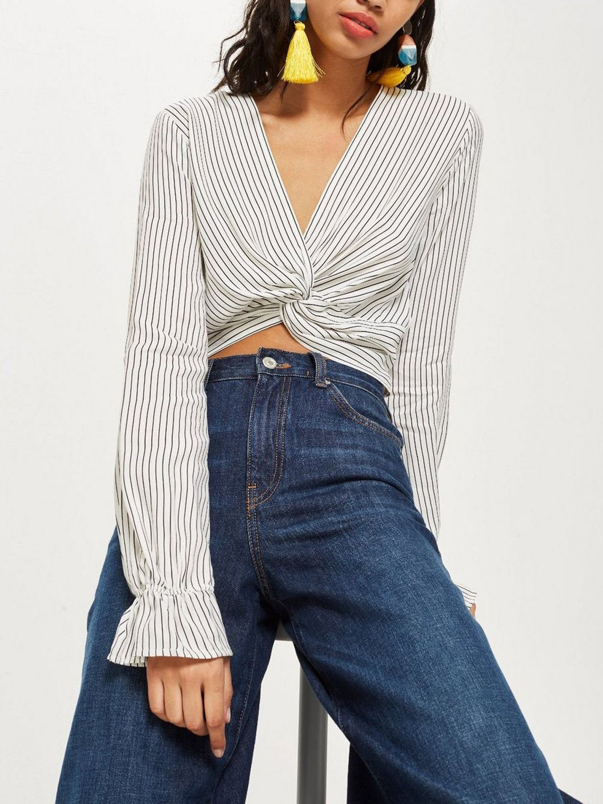 Stripe Long Sleeve Cotton V Neck Shirts & Tops