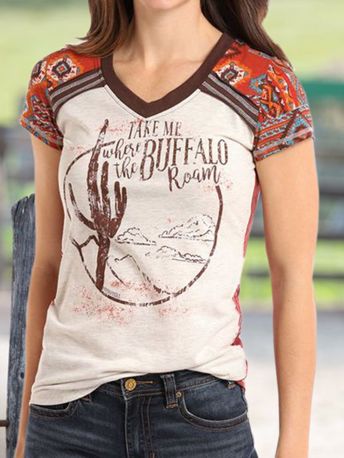 Paneled V Neck Short Sleeve Shirts & Tops