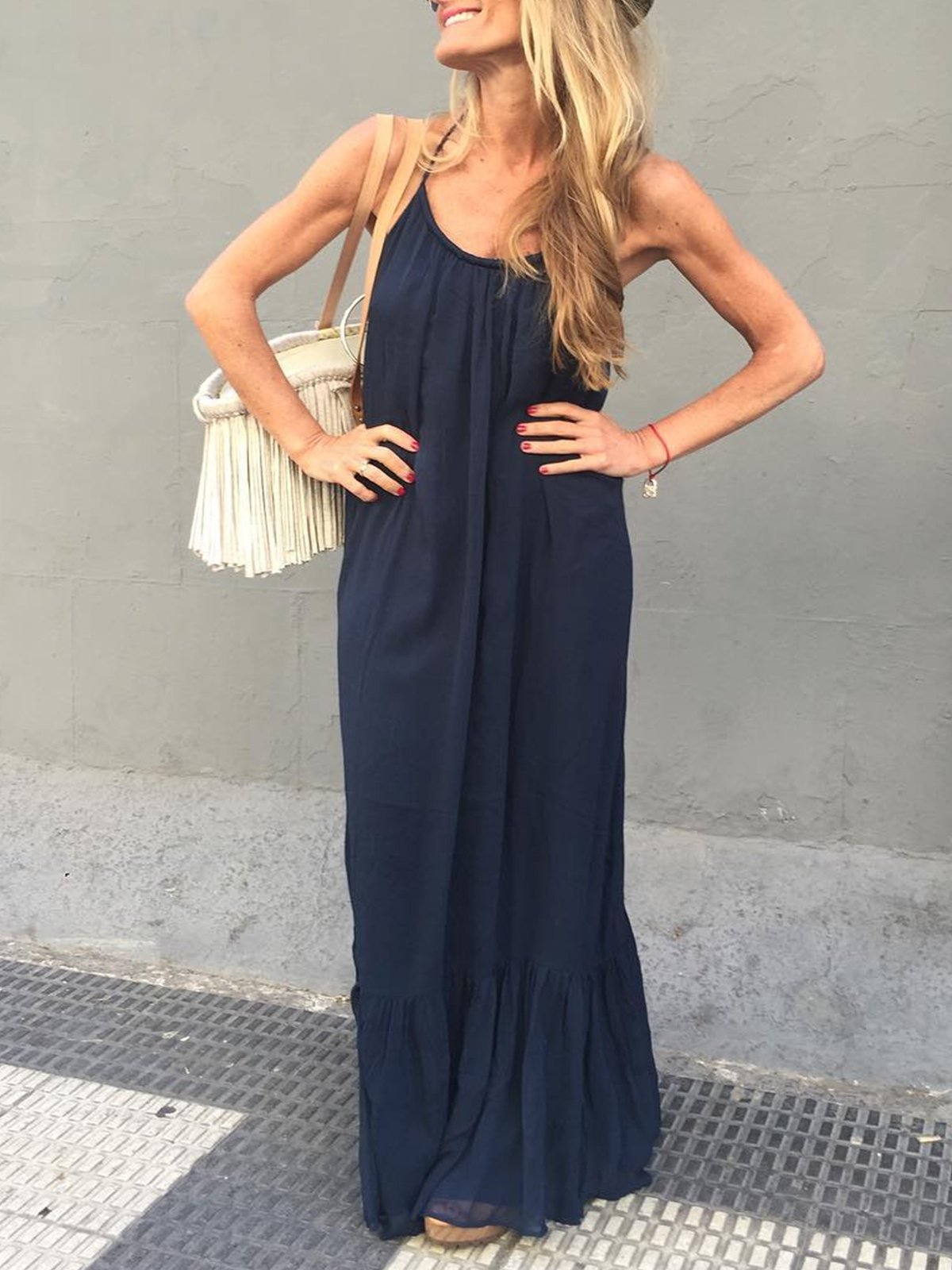 Royal Blue Solid Sleeveless Round Neck Cotton Dresses