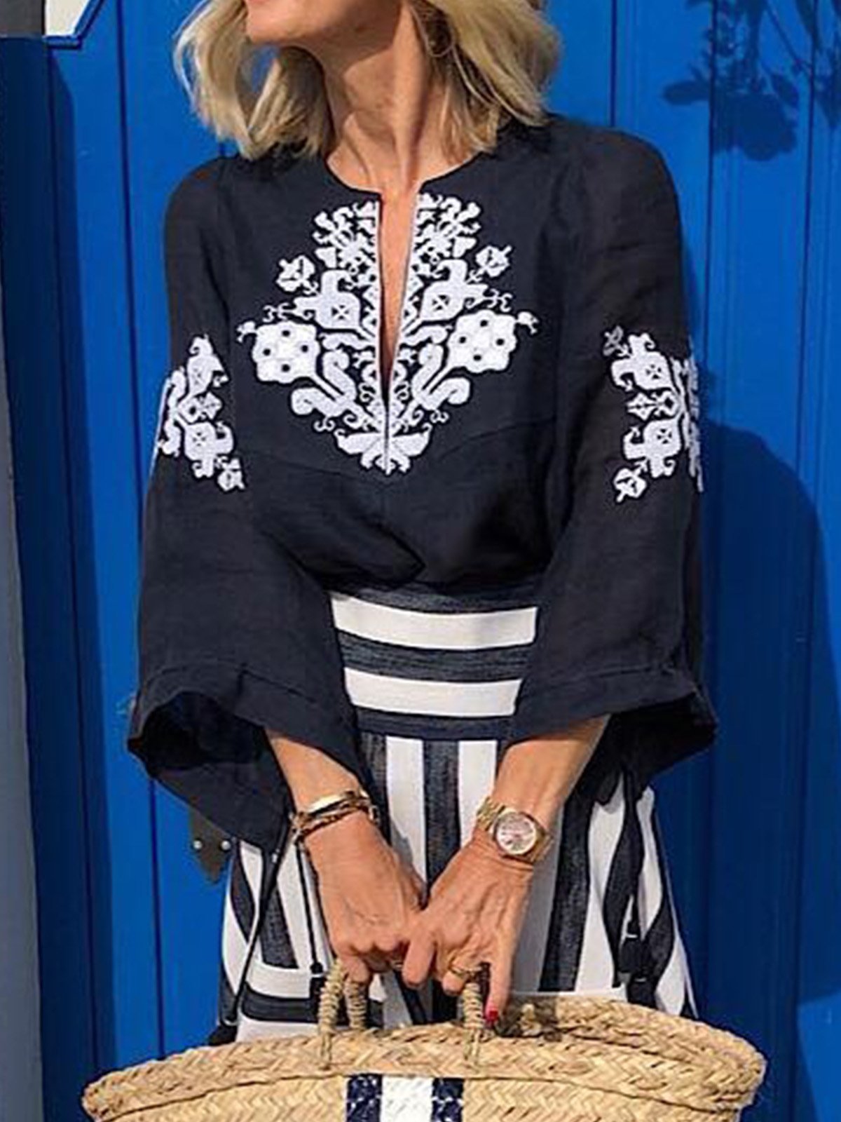 V Neck 3/4 Sleeve Casual Tops