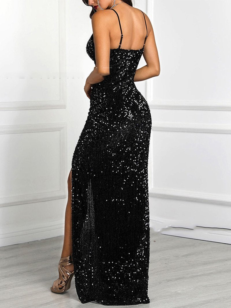Fashion Pure Colour V Neck Sling Evening Dress