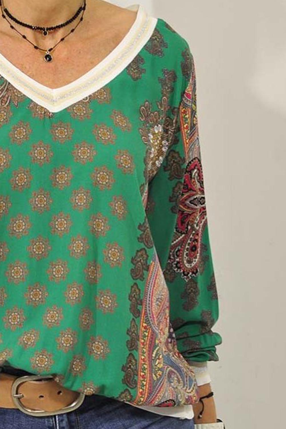 Green Vintage Print V Neck Sweatshirt