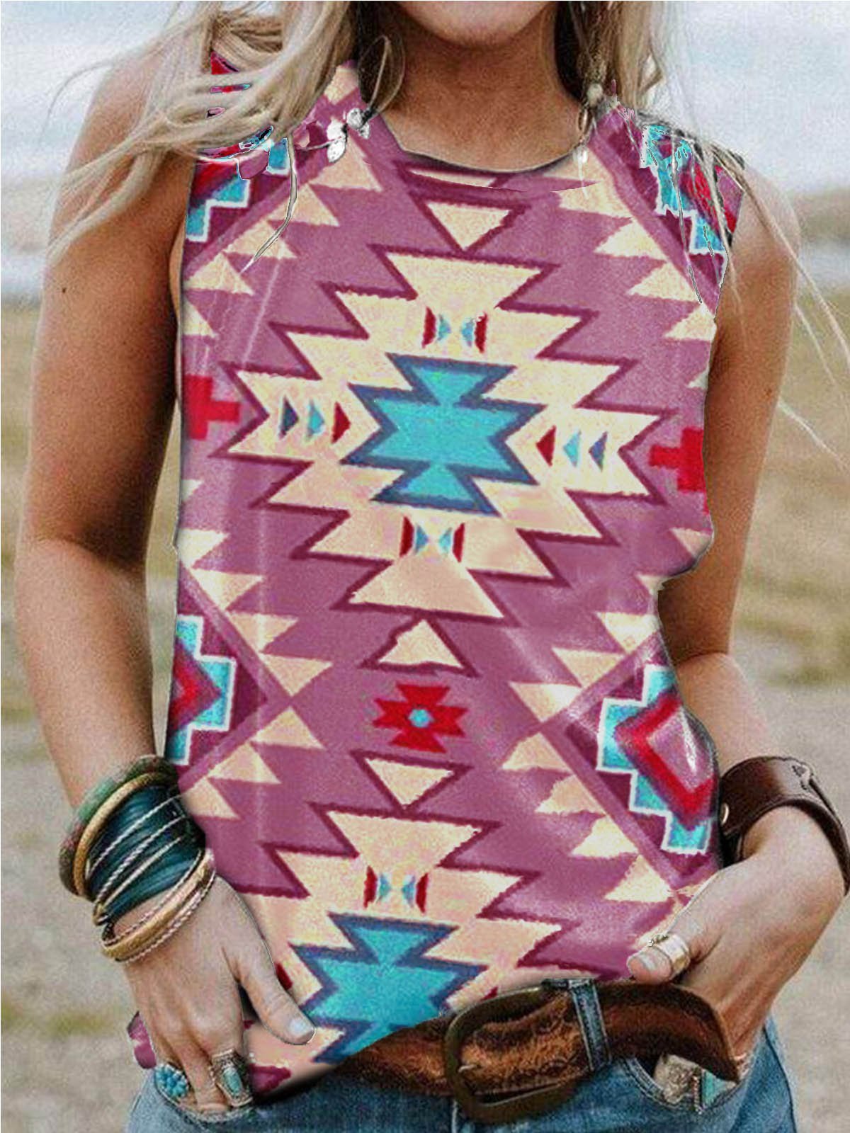 Crew Neck Casual Cotton-Blend Geometric Shirts & Tops