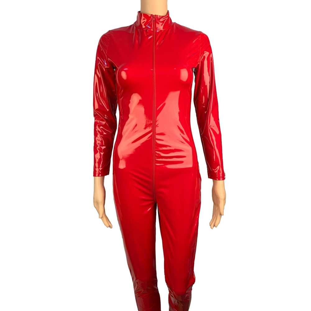 Leather Red Long Sleeve Zipper Jumpsuit