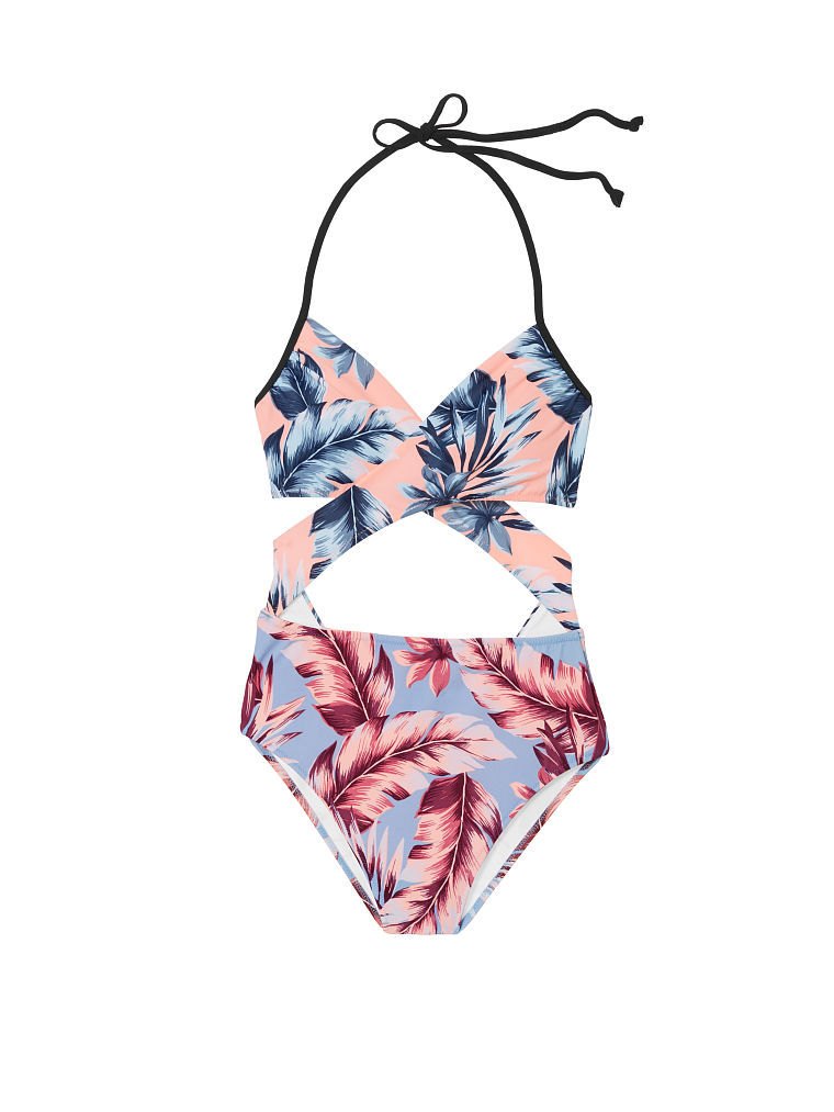 Retro Leaf Print Cut Halter Neck Swimsuit