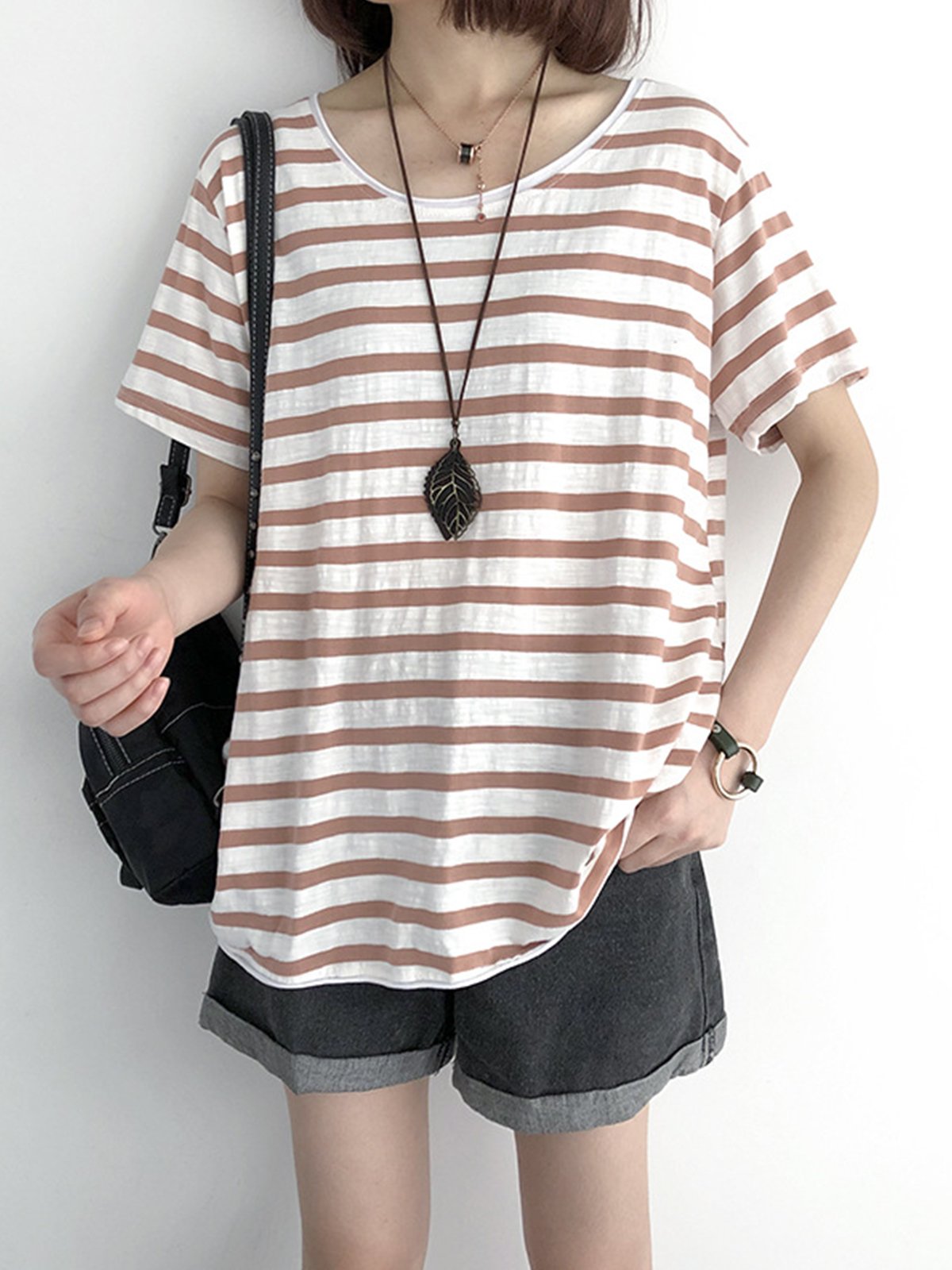 Casual Short Sleeve Striped Cotton Shirts & Tops