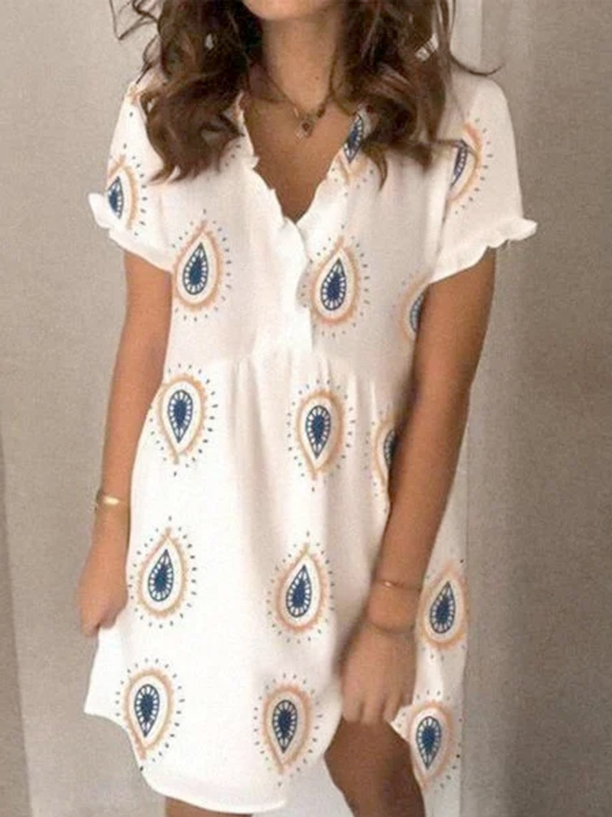 Holiday casual ruffled short sleeve V-neck print dress