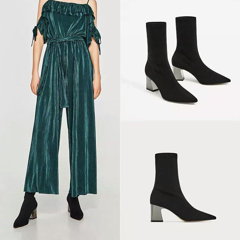 Flyknit Fabric Pointed Toe Dressing Shoes Women Mid-Calf Boots