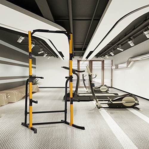 ZENOVA Power Rack Squat Rack Fitness Pull Up Bar Station Weightlifting Barbell Rack with J-Hooks, Dip Bar (Yellow)