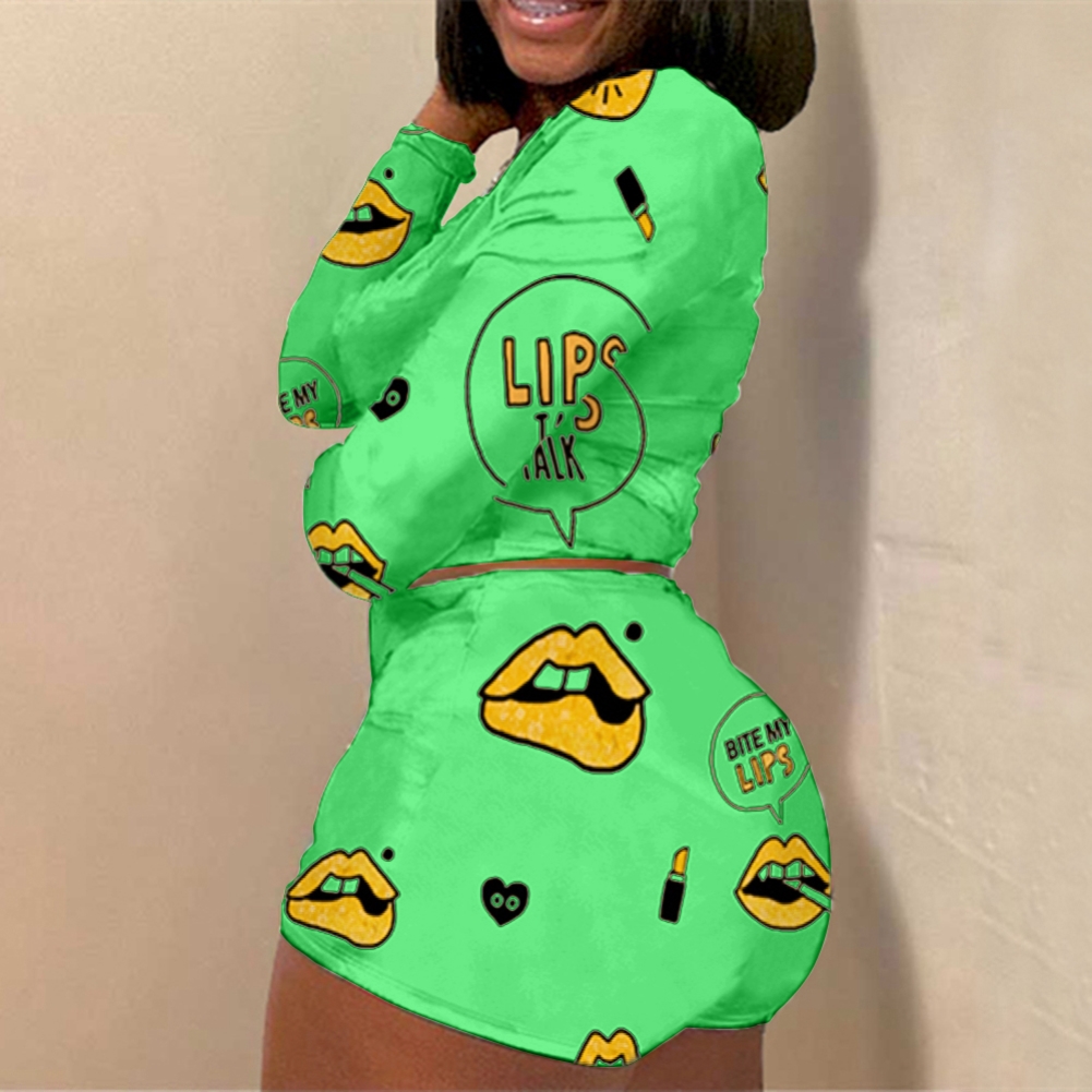 Lips Print Long Sleeve Crop Top and Shorts Set