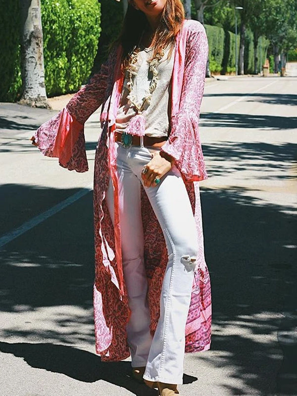 Casual Long Sleeve Printed Long Lace-Up Cardigan