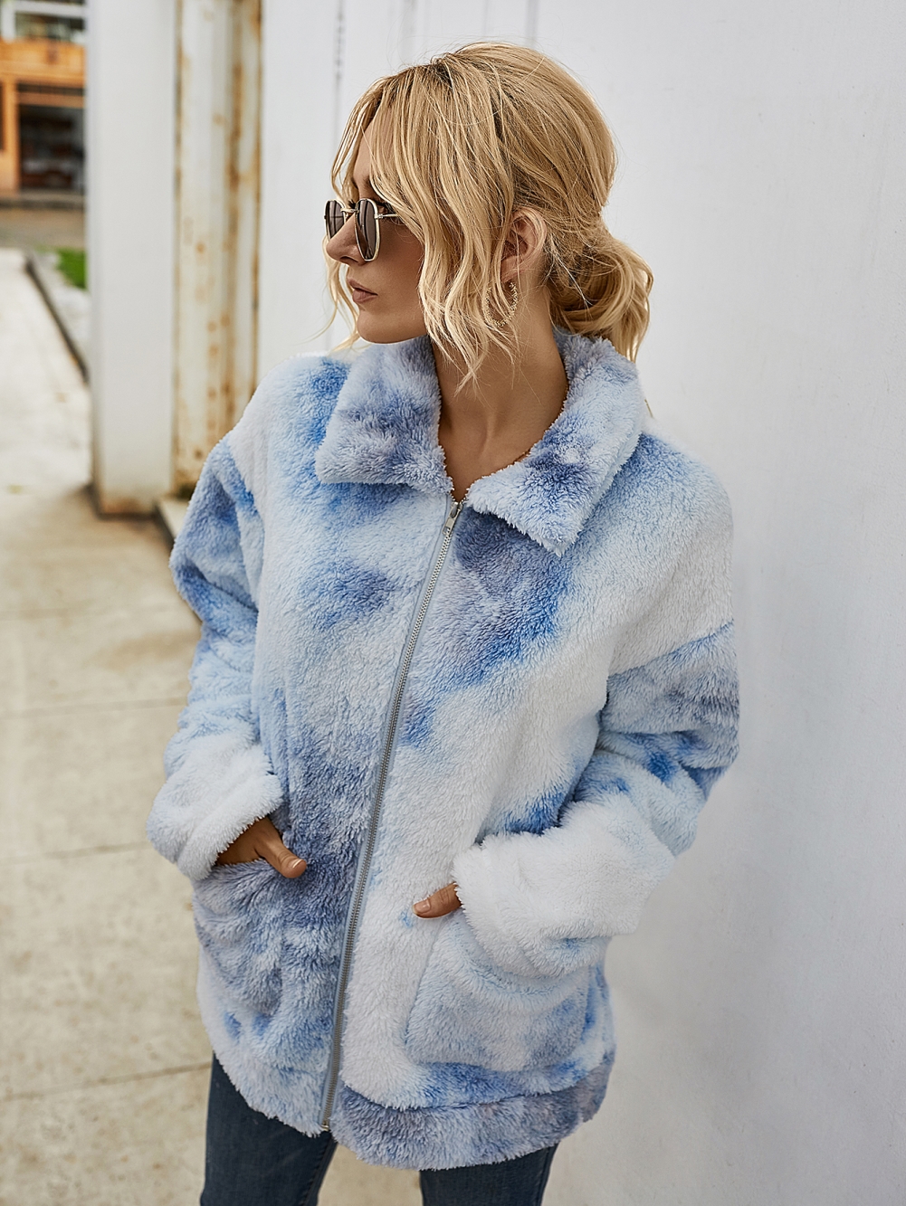 Tie Dye Plush Zipper Jacket with Pockets