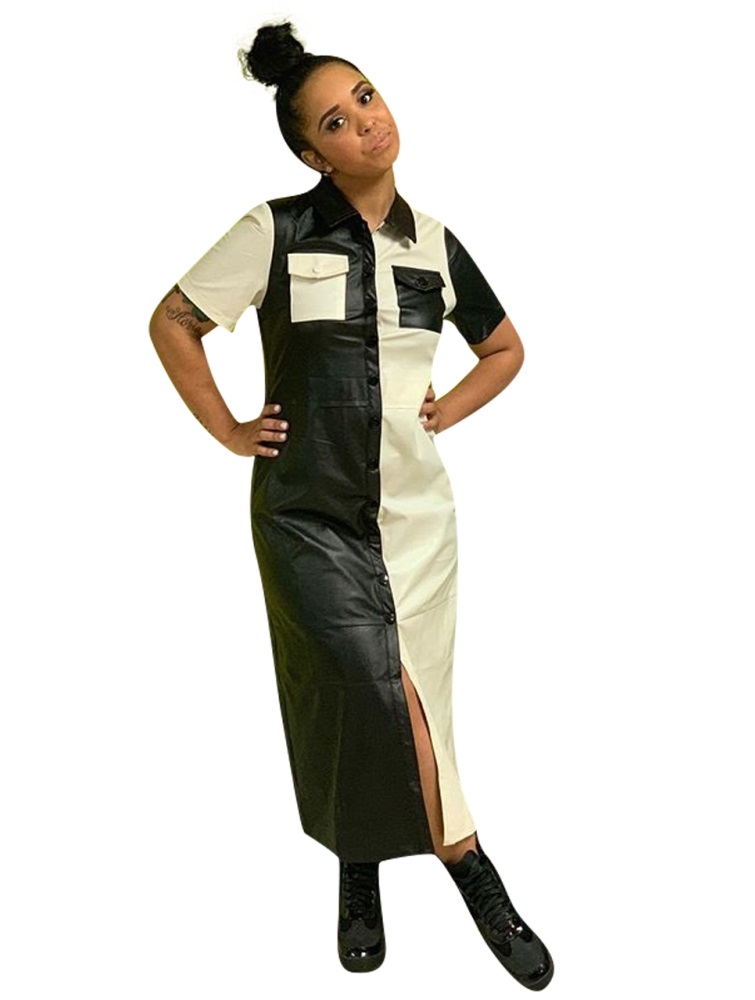 Color Block Short Sleeve Long Blouse Dress