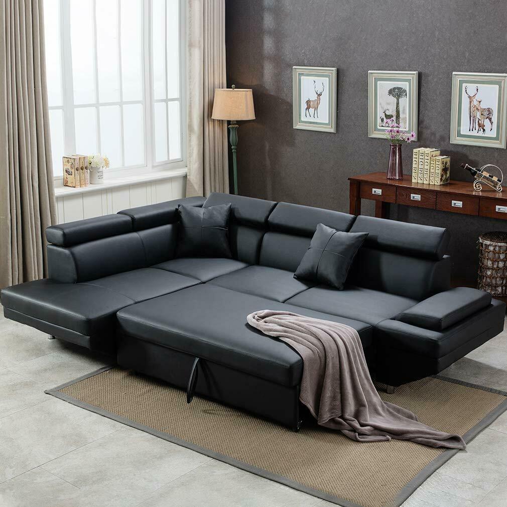 Contemporary Sectional Modern Sofa Bed - Black with Functional Armrest / Back L