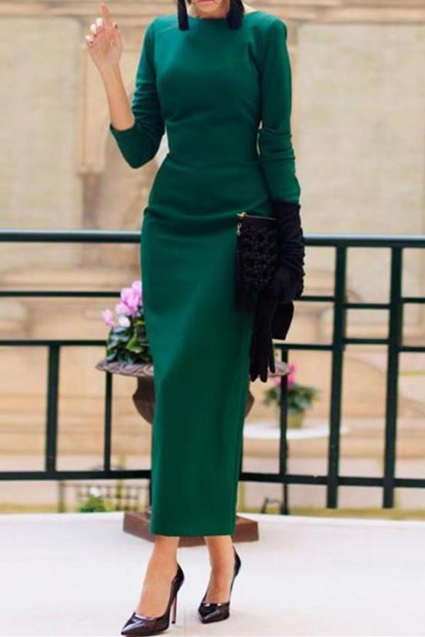 Elegant Fashion Noble Slim Plain Back-Button Long Sleeve Evening Dress