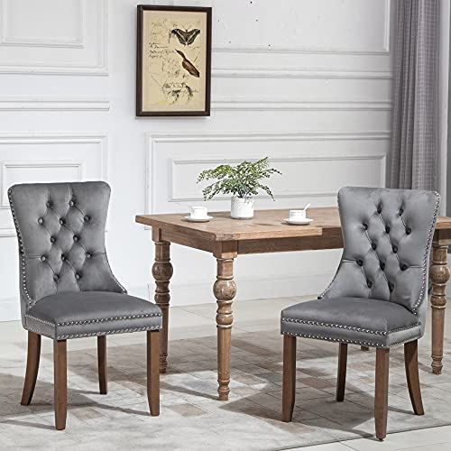 Set of 2 Upholstered Velvet Dining Room Chairs with Nailed Trim